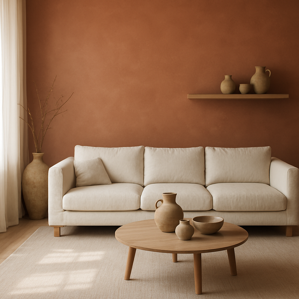 Living amplio con muebles de líneas cálidas, tonos terracota y luz natural