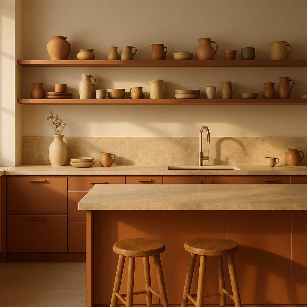 Cocina de diseño con materiales naturales y detalles artesanales en tonos arcilla