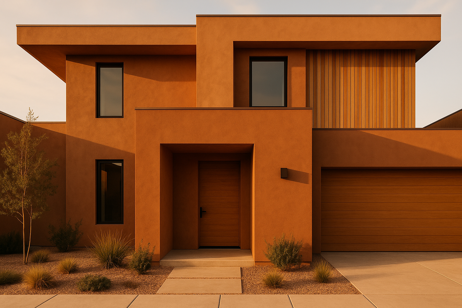 Fachada cálida de una casa de diseño con materiales nobles y luz natural en Rosario